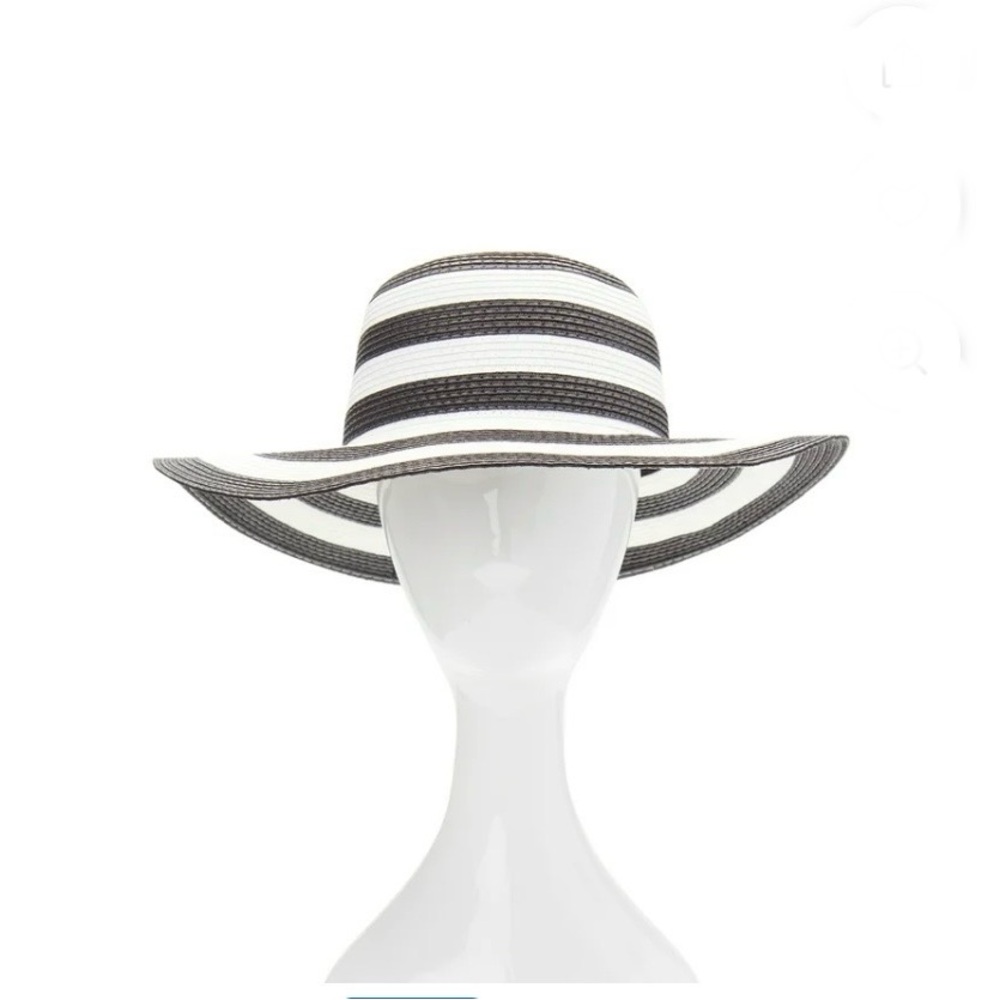 Time and Tru Women Wide Brim Black and White Floppy Beach Striped Straw Hat OS
